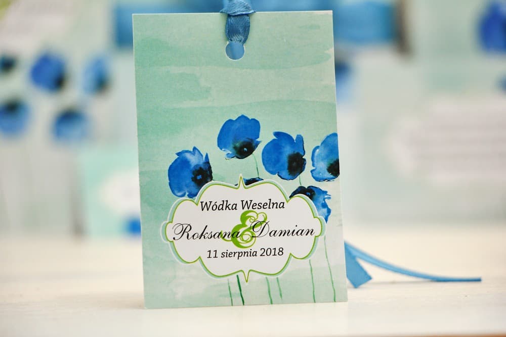 Cornflower Poppies Wedding Alcohol Tags, Watercolor Sage Green Background | Personalized Wedding Vodka Tags | Felicja No. 18