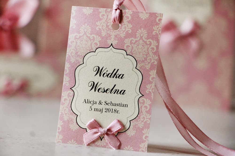 Elegant Wedding Alcohol Tags with Pink Satin Bow and Ornament | Personalized Wedding Vodka Tags | Ornament Design 1