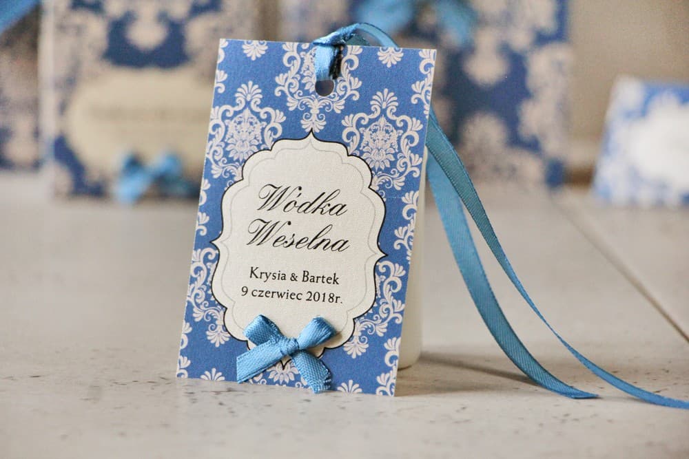 Elegant Wedding Alcohol Tags with Navy Blue Bow, Pearlescent Paper | Personalized Wedding Vodka Tags | Ornament No. 2