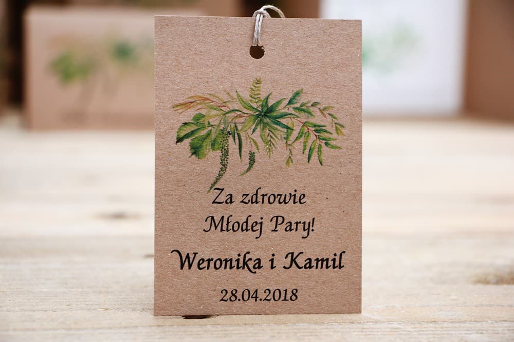 Green Eco-Friendly Wedding Alcohol Tags with Grass and Leaf Motif | Personalized Wedding Vodka Tags | Owoce Leśne No. 2