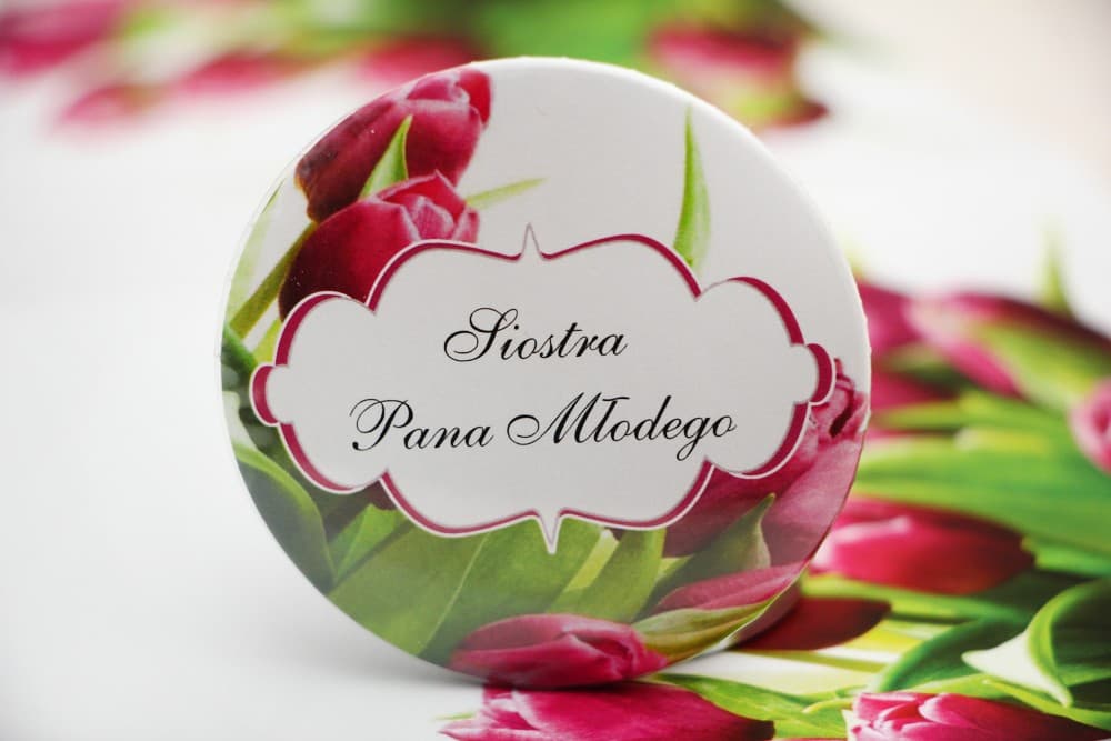 Personalized Wedding Badges with Pink Tulips, Guest ID Badges | Wedding Pins, Favours | Felicja No. 7