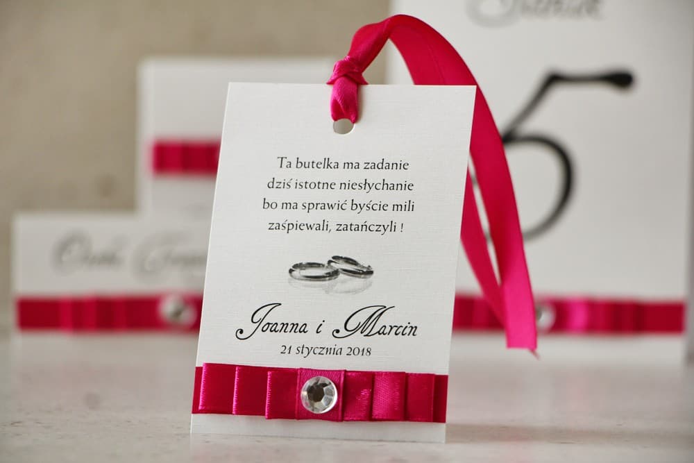 Elegant Wedding Bottle Tags with Bow and Cubic Zirconia, Pearlescent Paper | Wedding Vodka Tags | Amaretto No. 8