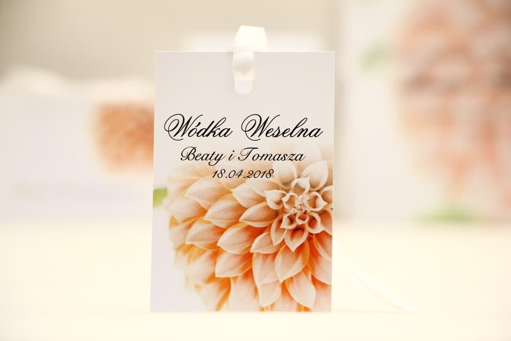 Personalized Wedding Vodka Tags with Salmon Dahlia | Alcohol Labels, Wedding Bottles | Elegant No. 9