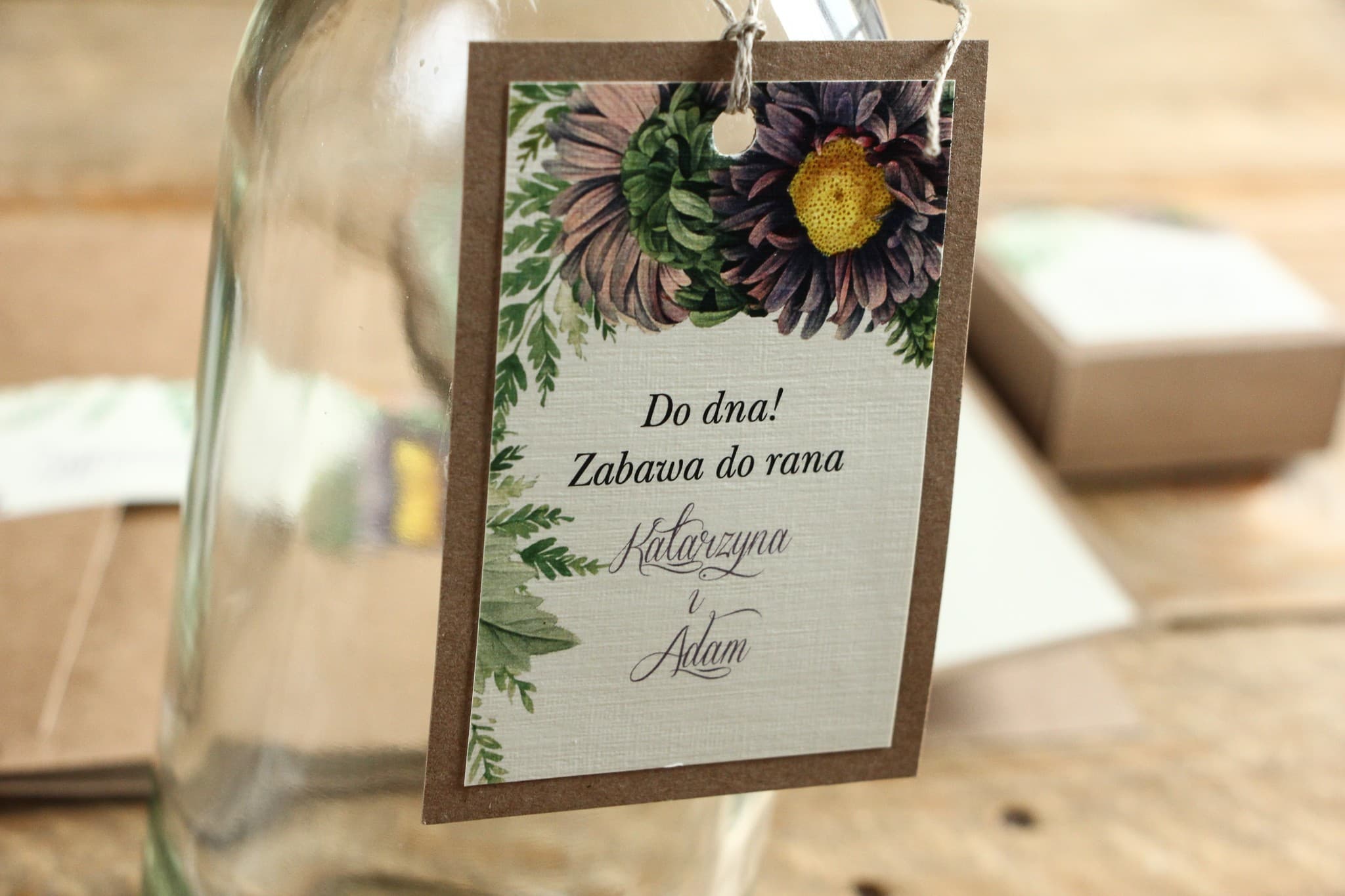 Rustic Bottle Tags with Purple Aster and Fern | Wedding Vodka Tags | Kraft No. 3