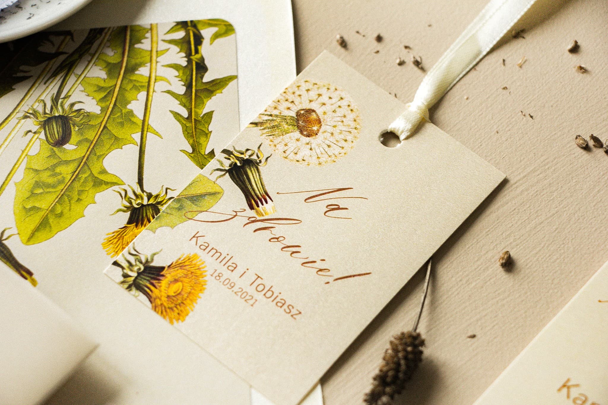 Pearlescent Dandelion Alcohol Tags | Personalized Wedding Vodka Tags | Opal Design 6