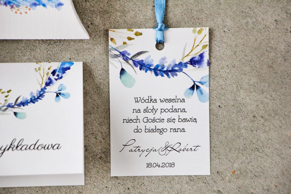 Winter Wreath Cornflower Wedding Vodka Tags | Elegant Alcohol Bottle Labels | Pistachio No. 7