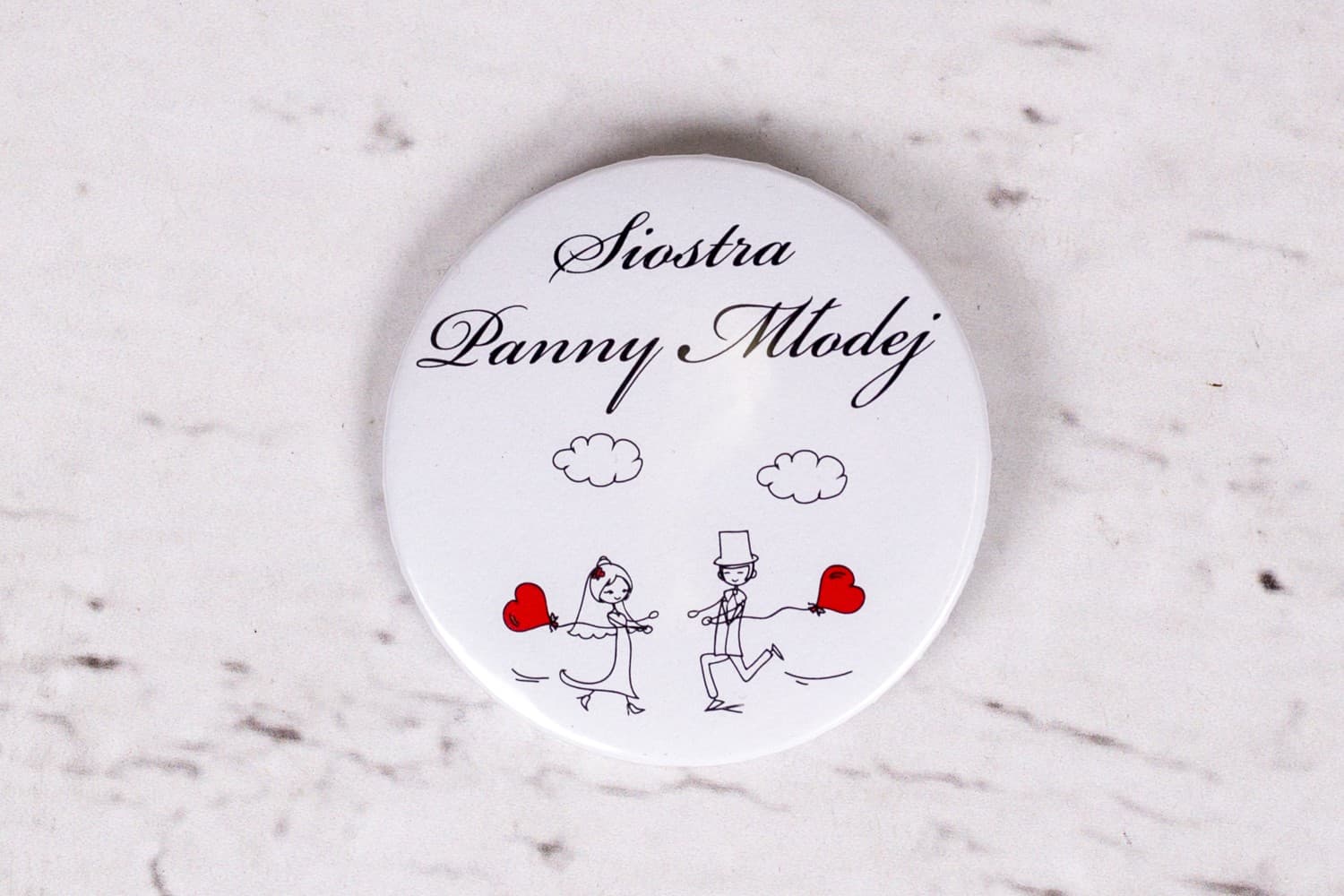 Bueno No. 5 Wedding Place Card Buttons – Personalized Name Badges with Bride, Groom, and Balloons