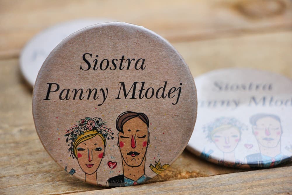 Rustic Wedding Button Badges with Bride and Groom Illustration | Place Cards, Wedding Favours | Presto