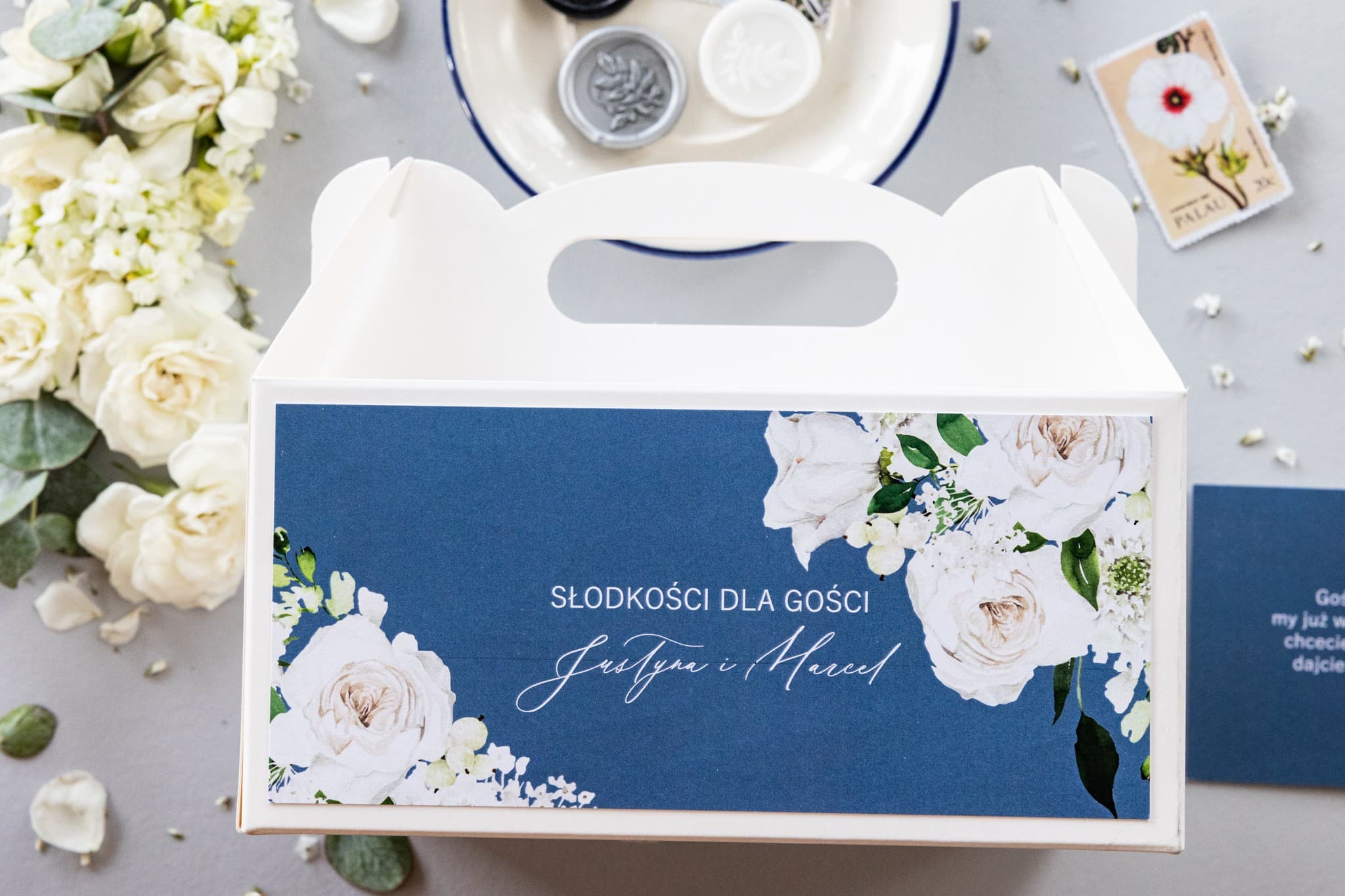Elegant Dusty Blue Wedding Cake Box with Peonies | Wedding Favours | Soft No. 5