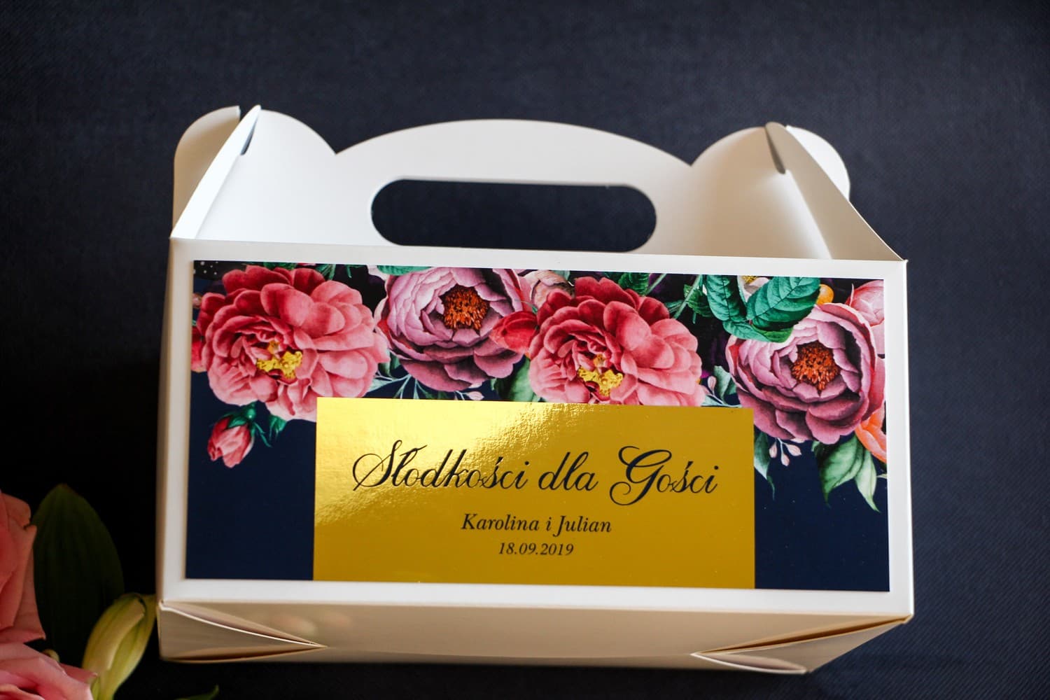 Floral Wedding Cake Boxes with Gold Ribbon Detail | Personalised Guest Favours | Laura No. 3