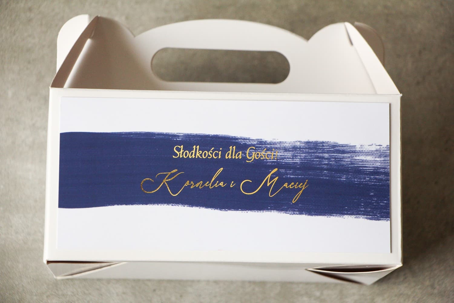 Navy Watercolor Wedding Cake Boxes | Personalized Gold Foiled Packaging with Handle | Verte No. 3