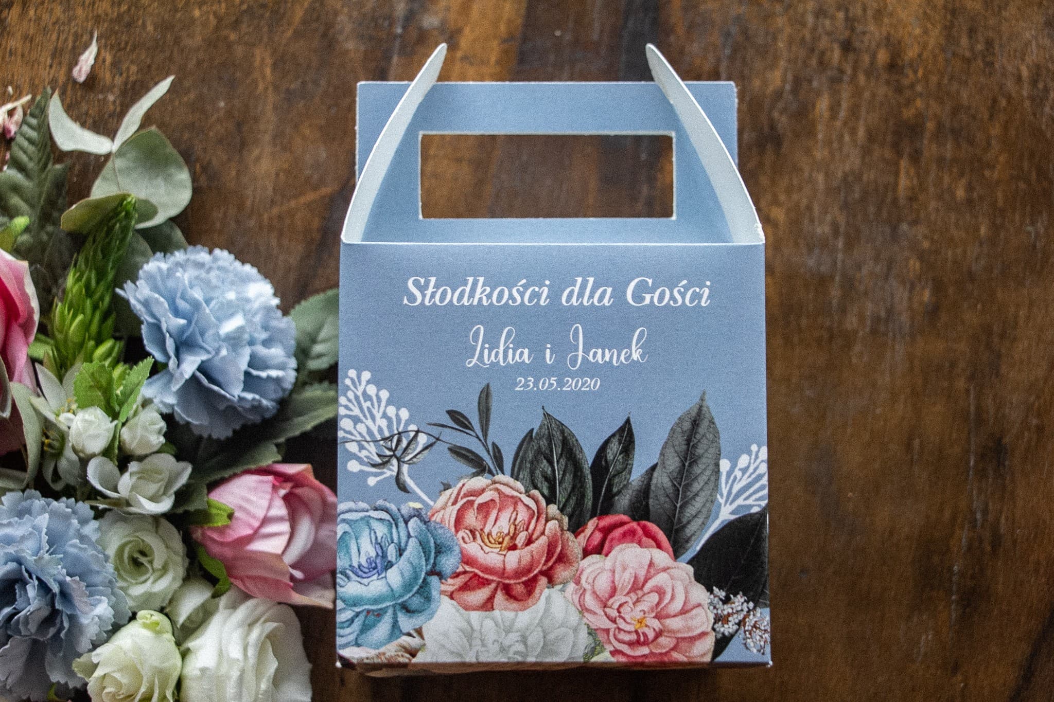Dusty Blue Wedding Cake Box with Peonies | Square Guest Packaging | Ethereal No. 4
