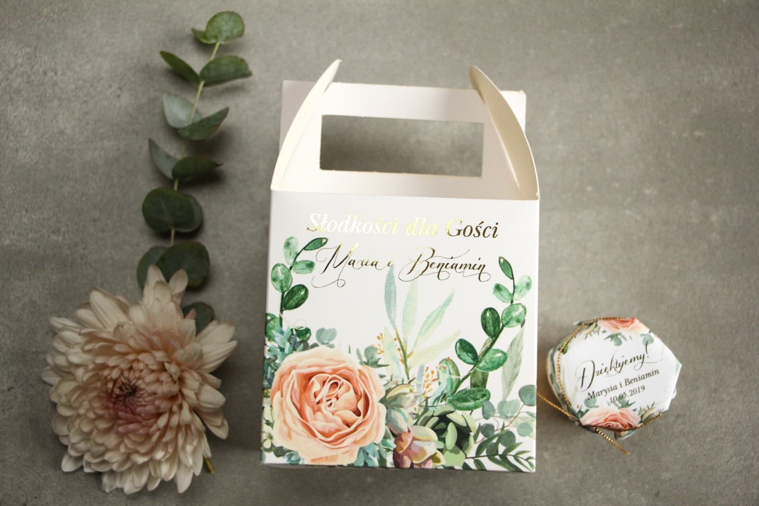Elegant Wedding Cake Box with Rose and Gold Foiling | Personalized Favor Packaging | Flores No. 4