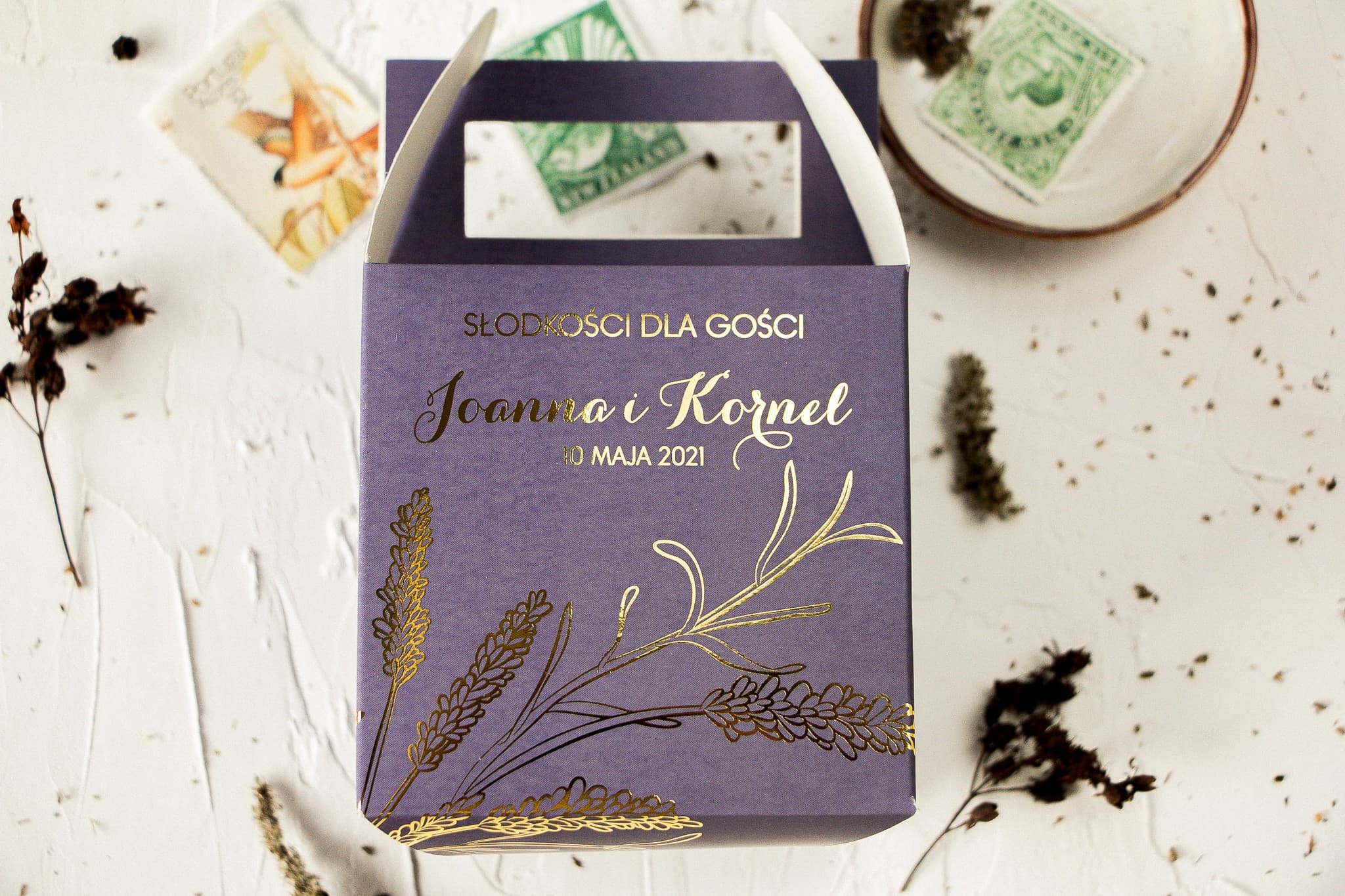 Purple Lavender Cake Boxes with Gold Foiling | Personalized Wedding Cake Packaging | Design 3