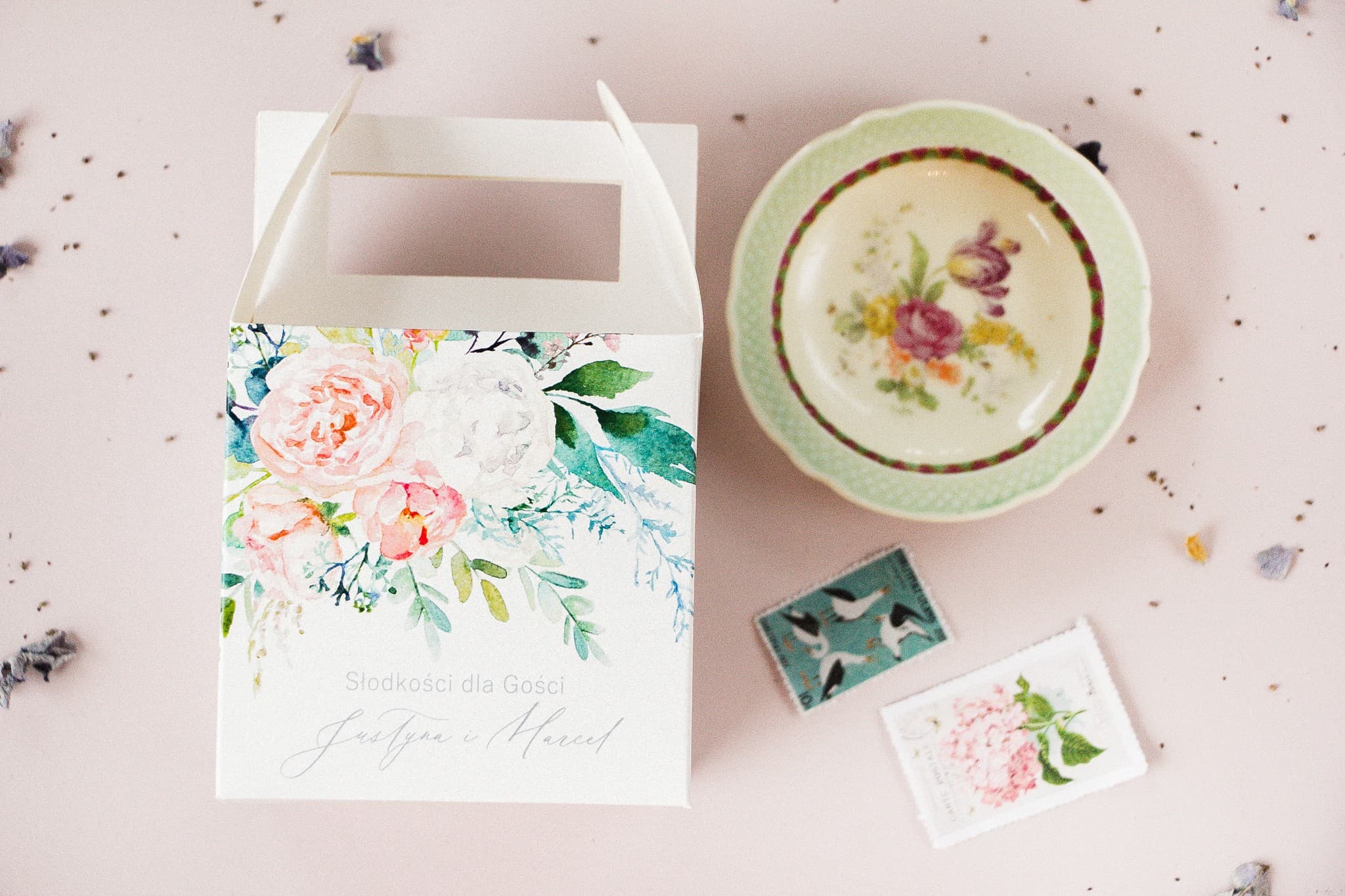 Elegant Peony Floral Wedding Cake Boxes with Handle | Personalized | Soft No. 1