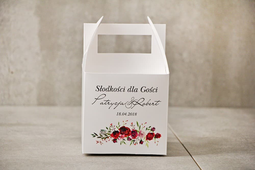 Personalised Wedding Cake Box with Handle, Burgundy Roses Motif | Wedding Favours | Pistachio No. 18
