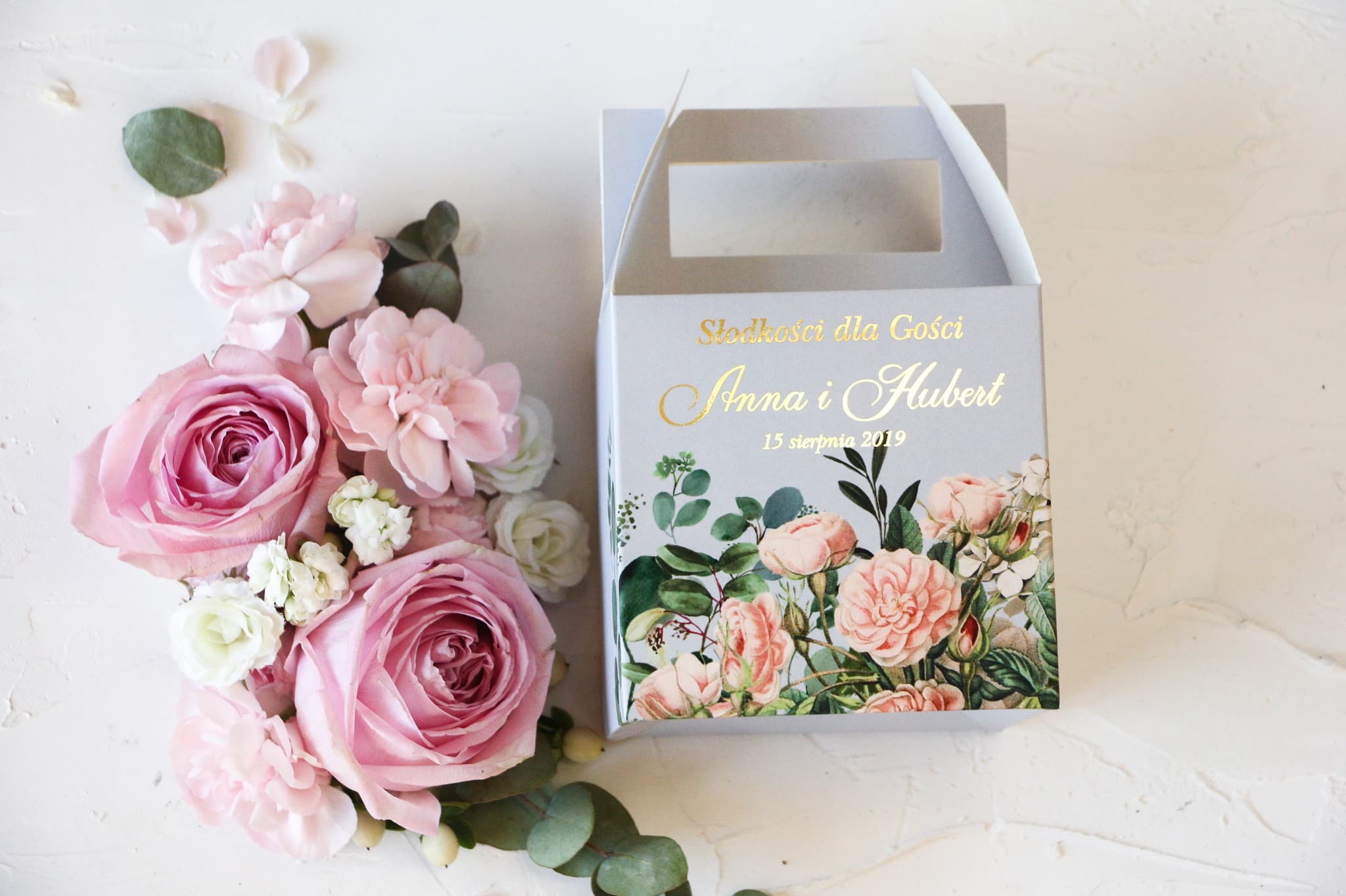 Elegant Wedding Cake Box with Handle, Gold Foil | Wedding Favours | Szafirowe No. 2