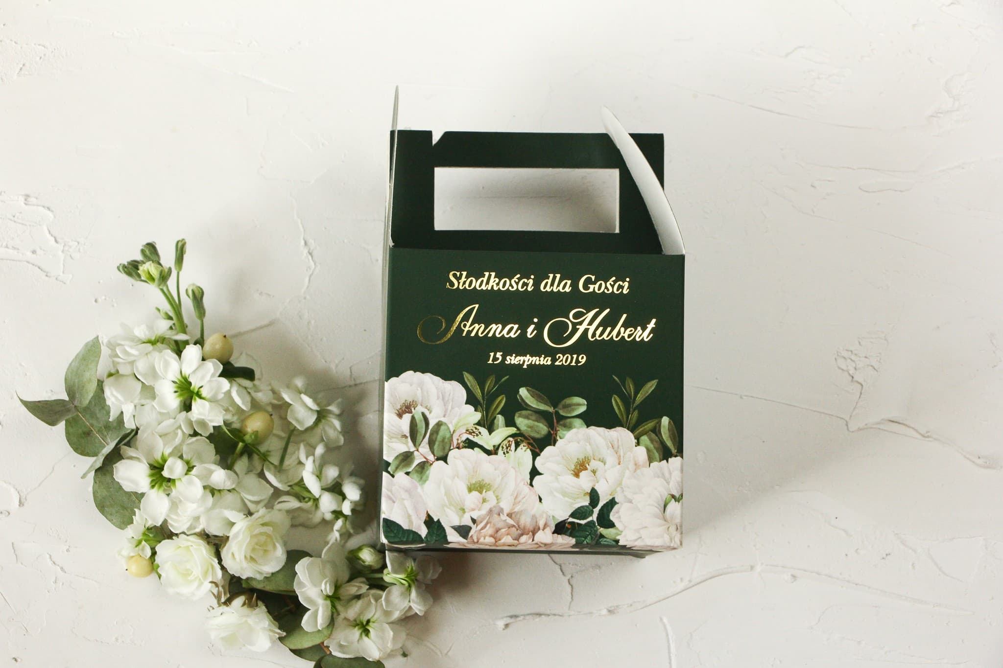 Wedding Cake Box with White Roses and Gold | Personalized Favour Packaging | Szafirowe No. 3
