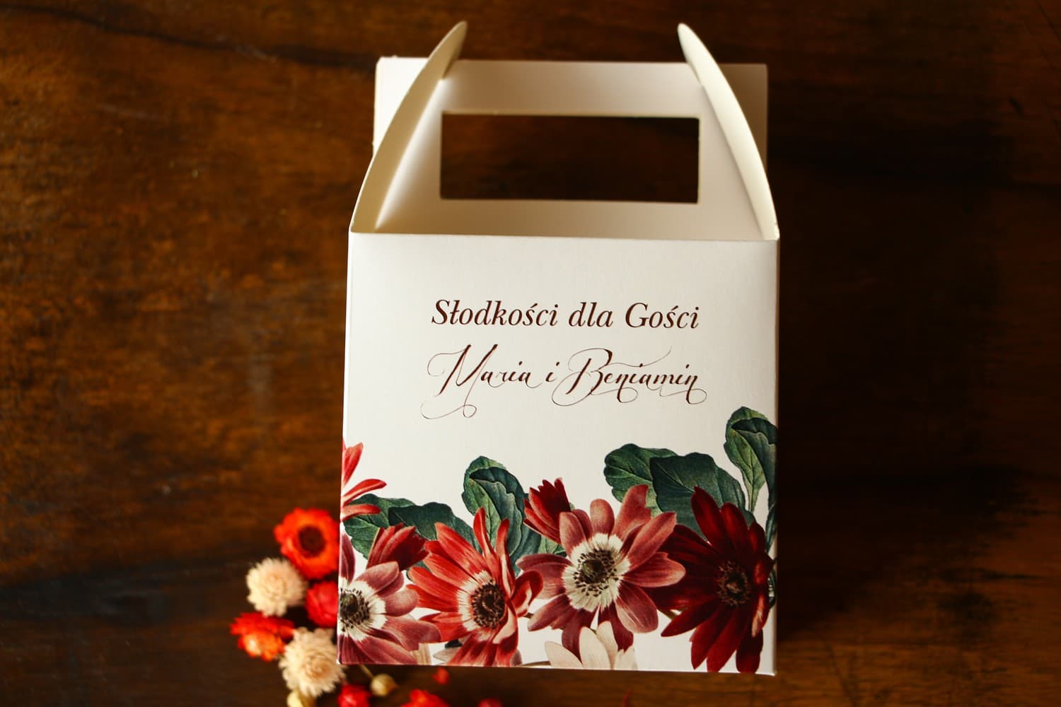 Wedding Cake Boxes with Handle Burgundy Flowers | Wedding Favours | Indygo No. 3