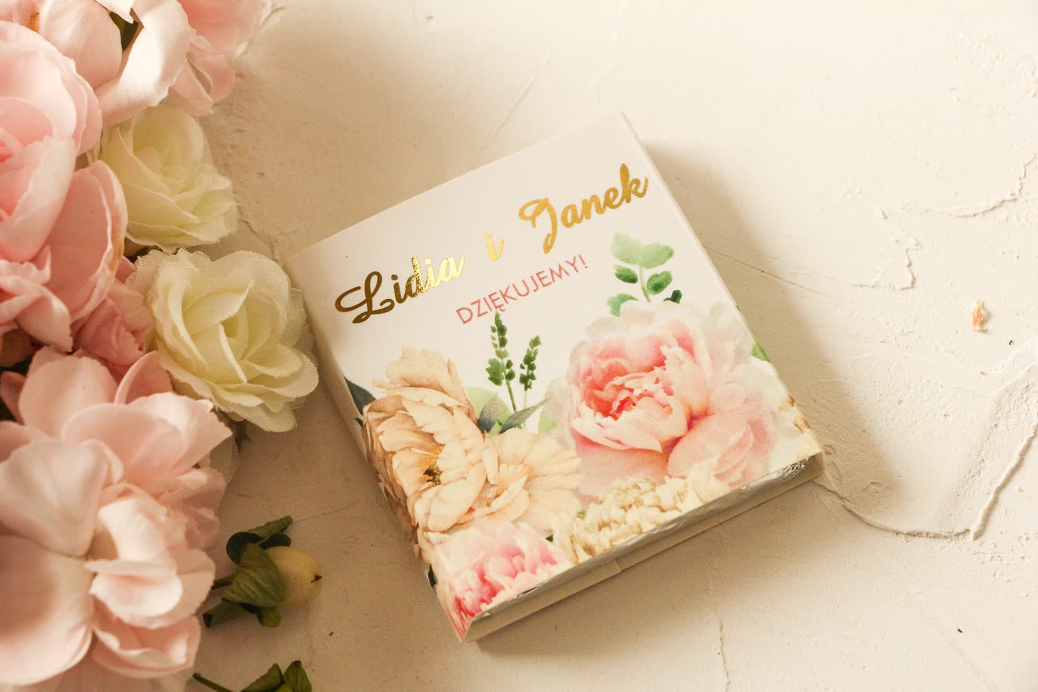 Wedding Chocolates with Peonies and Gold Foiling | Personalized Wedding Favours | Avril Design 3