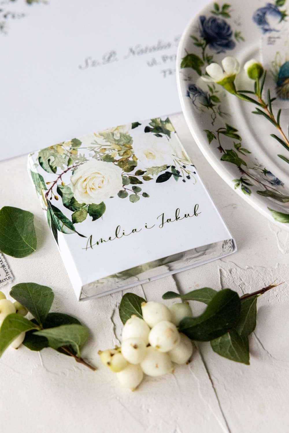 Personalized Wedding Chocolates White Roses & Eucalyptus | Korani No. 12 Favours