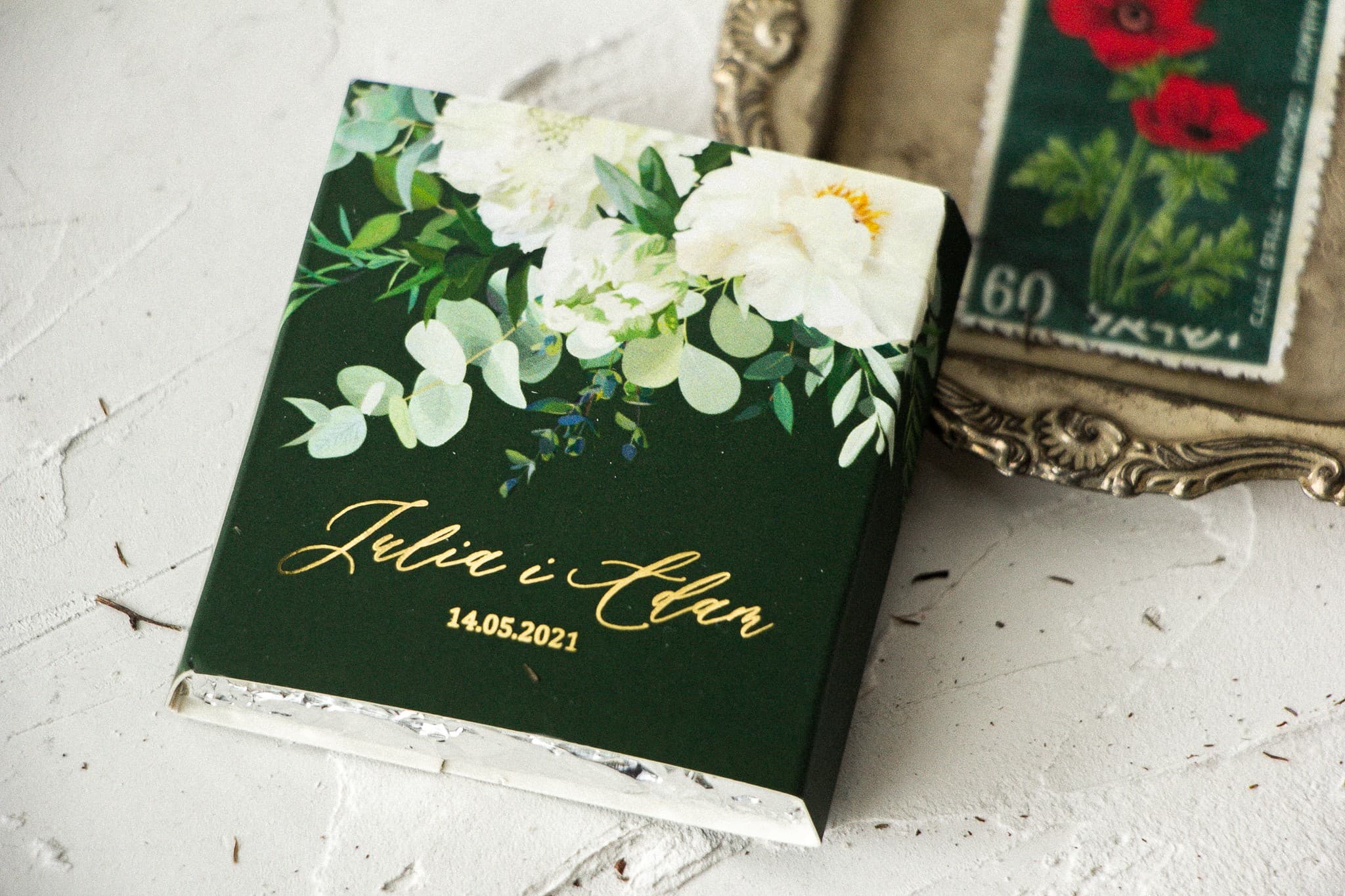 Szafirowe No. 6 Bottle Green Chocolates | Gilded Floral Wedding Favours