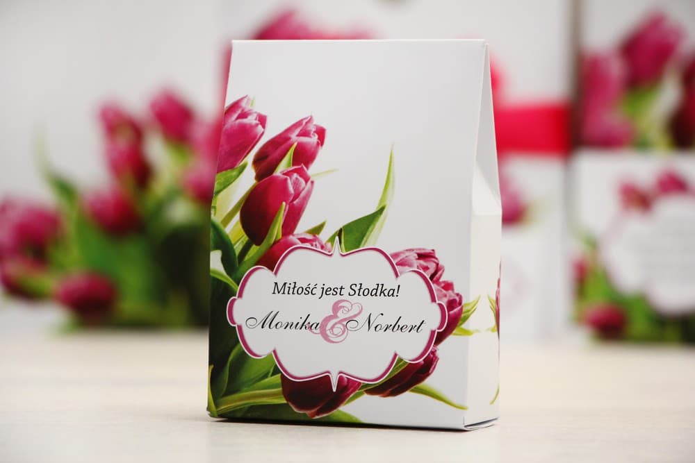 Pink Tulips Wedding Favour Box, Sweet Gift for Guests | Felicja No. 7