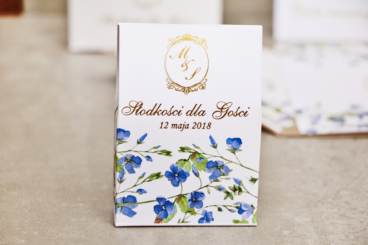 Gold Foiled Sweet Boxes with Forget-Me-Not Motif | Wedding Favours | Sorento No. 4