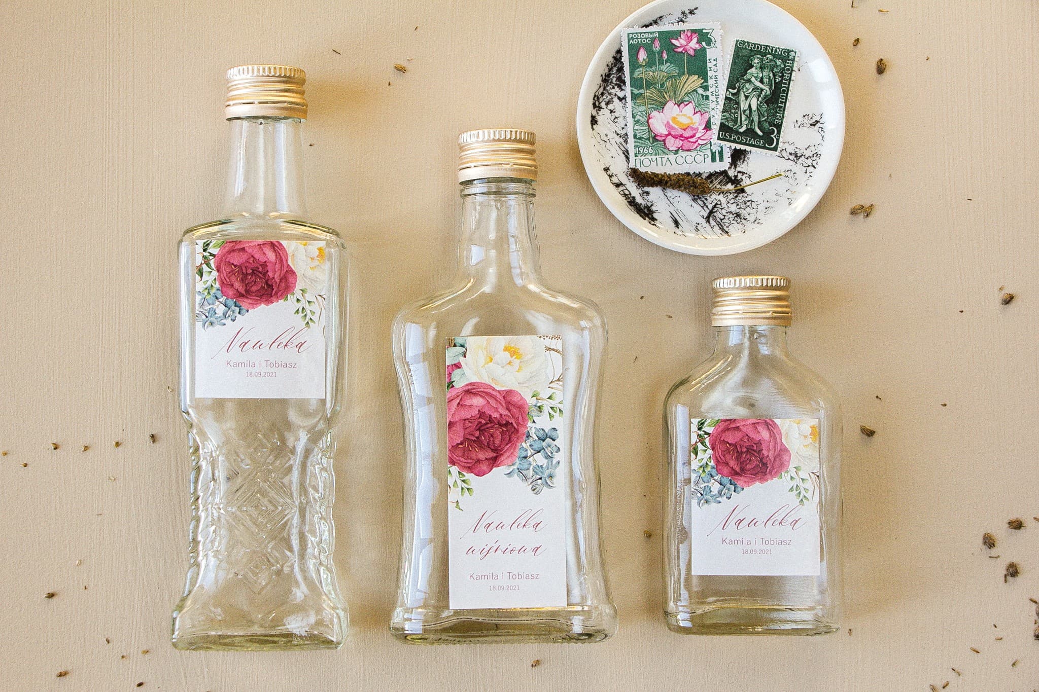 Wedding Favour Liqueur Bottles with Peonies and Blue Delphinium - Opal No. 10 - 2