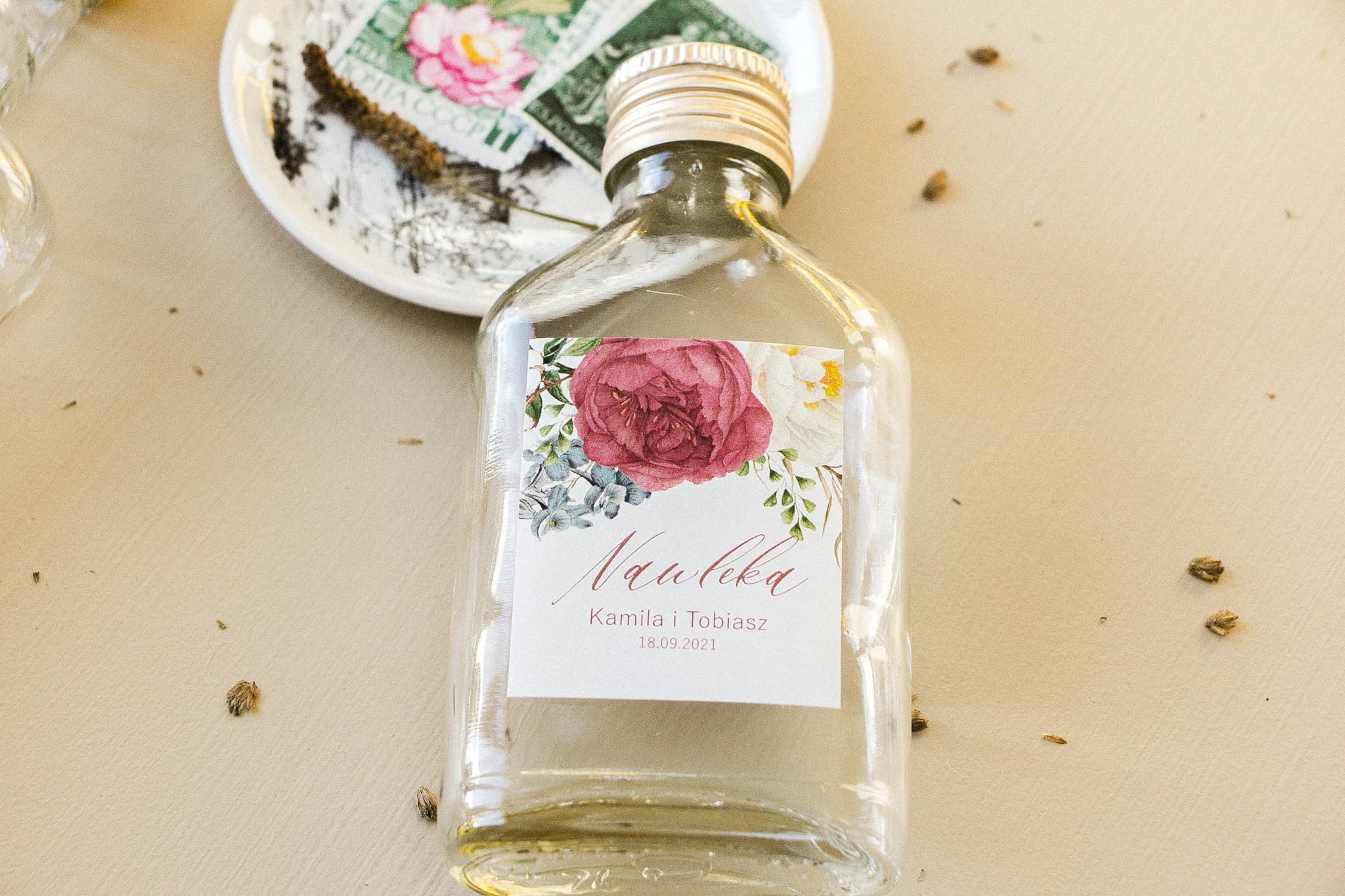 Wedding Favour Liqueur Bottles with Peonies and Blue Delphinium - Opal No. 10 - 3