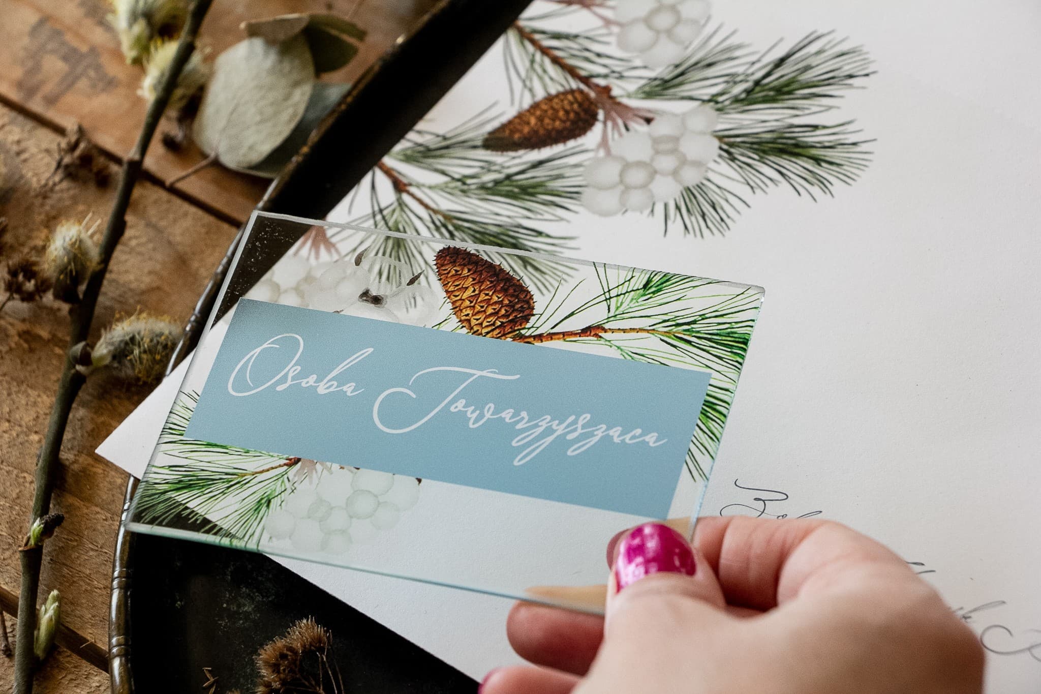 Korani No. 8 Wedding Place Cards – Glass Table Stationery with Winter Branches