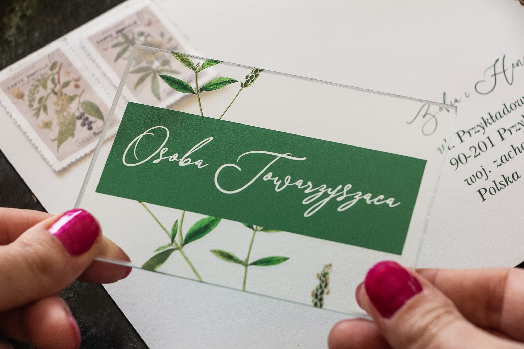 Korani No. 9 Glass Wedding Place Cards – Greenery Branch Table Stationery
