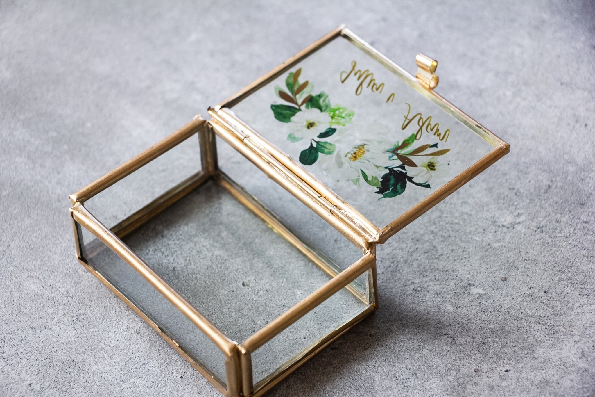 Glamour Glass Wedding Ring Box Gold | Wedding Box with White Flowers | Rubin No. 1 - 3