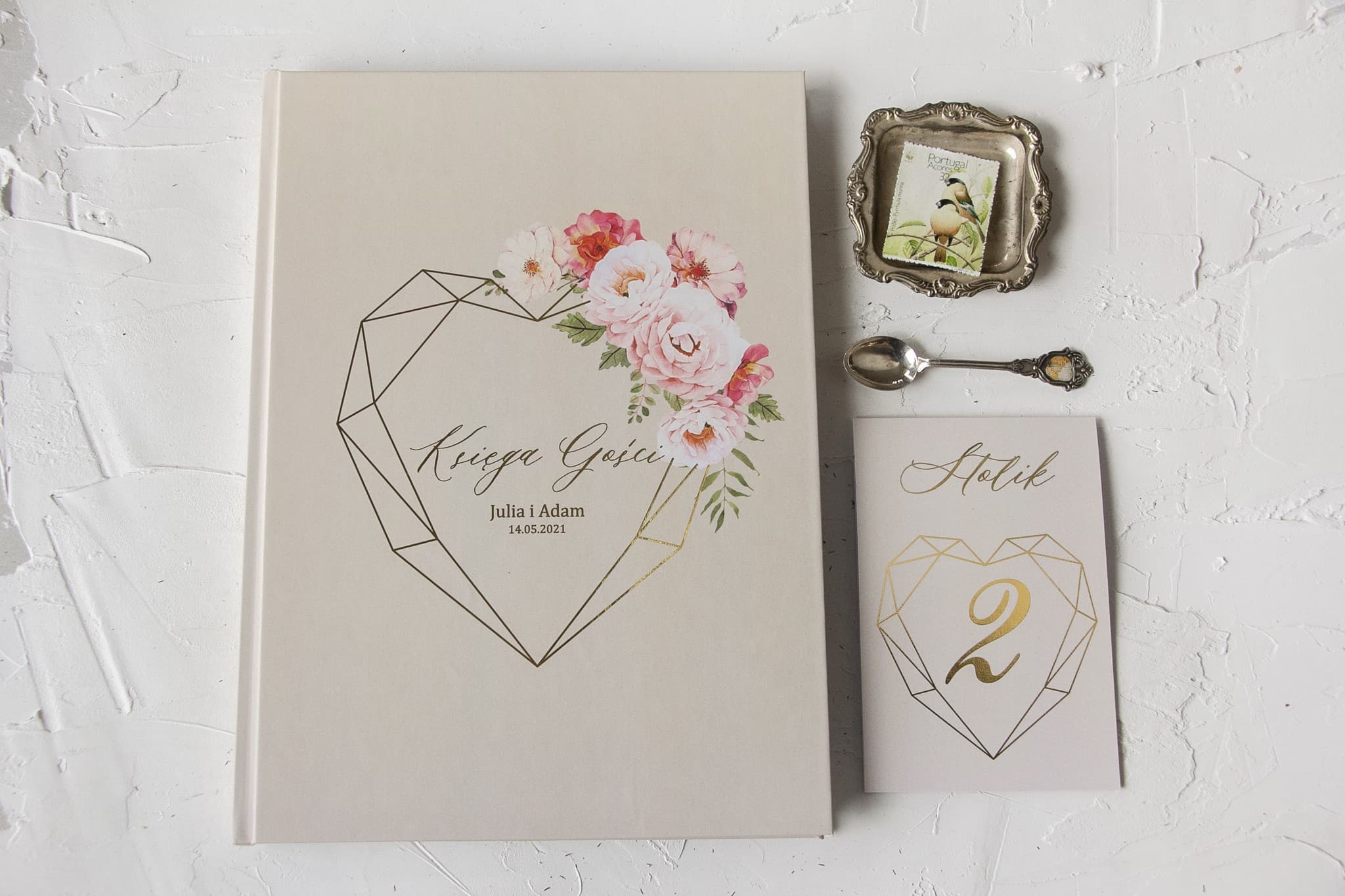 Personalized Golden Heart Wedding Guest Book | Beige Floral A4 Guest Book | Szafirowe No. 8 - 3