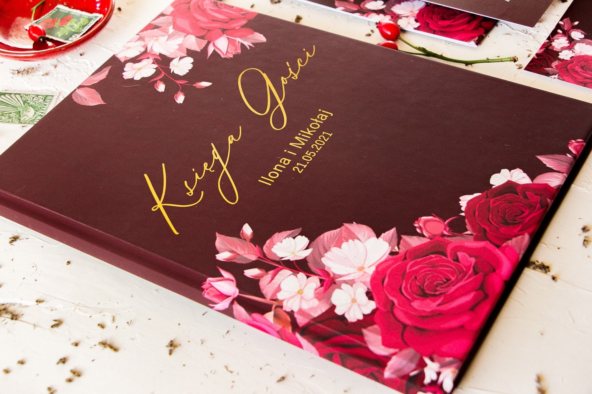 Burgundy Gold Foiled Wedding Guest Book with Flowers | Wedding Message Album | Serenity No. 2 - 3