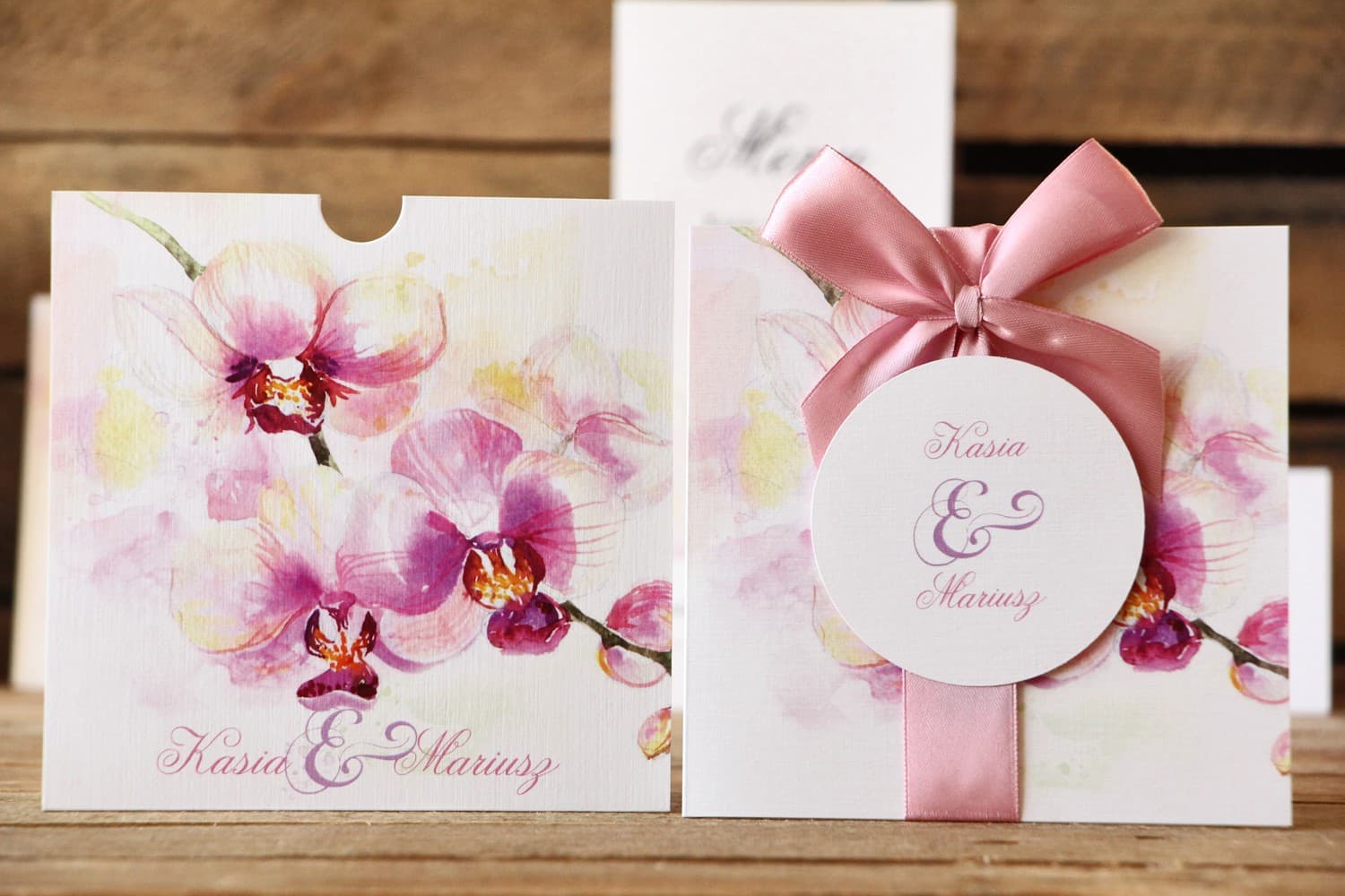 Painted Flowers No. 2 Wedding Invitation – Pink Orchid in Pocketfold - 3