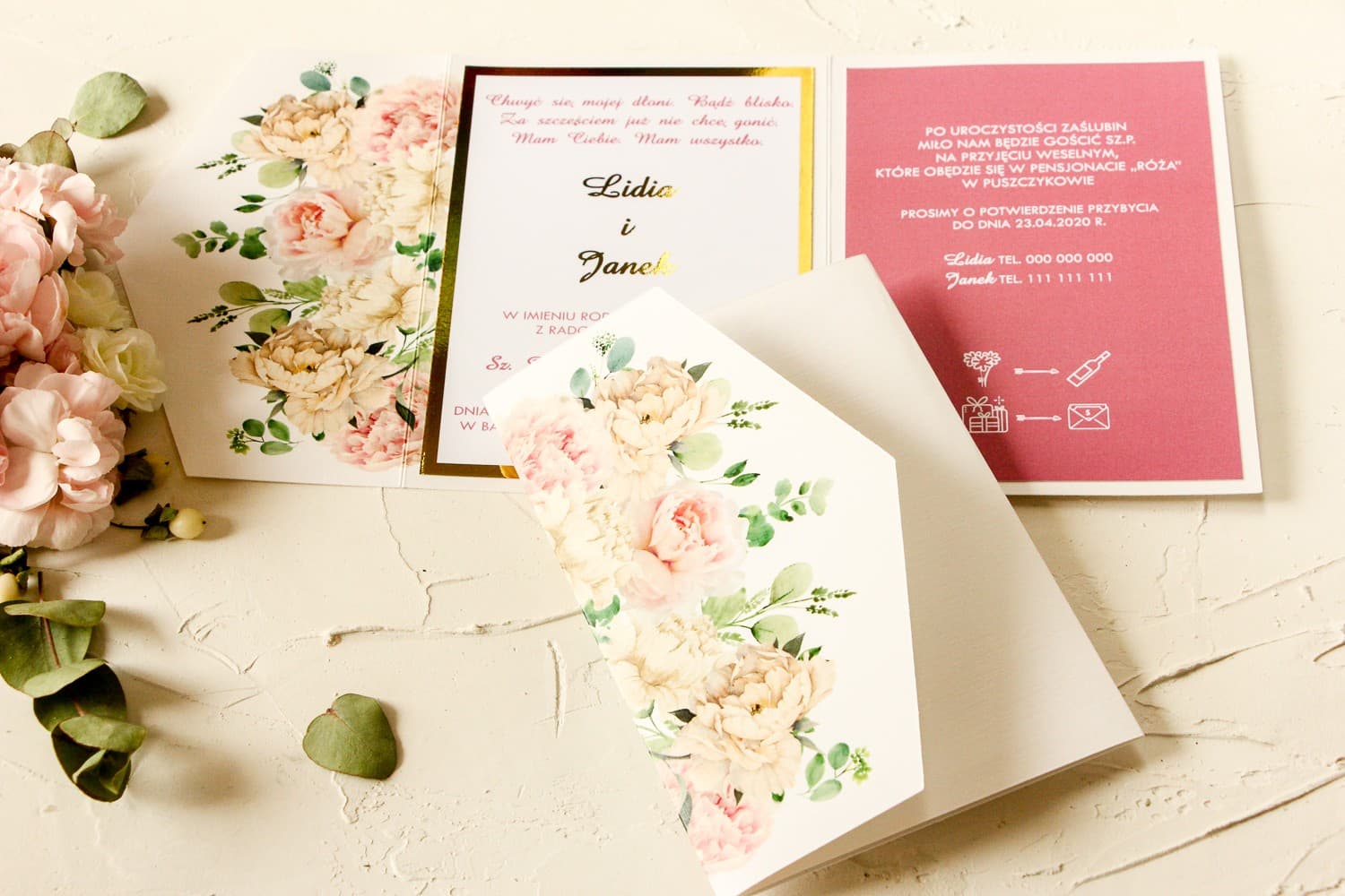 Wedding Invitation Sample Peony Flowers | Elegant Design in Gold Frame | Avril No. 3