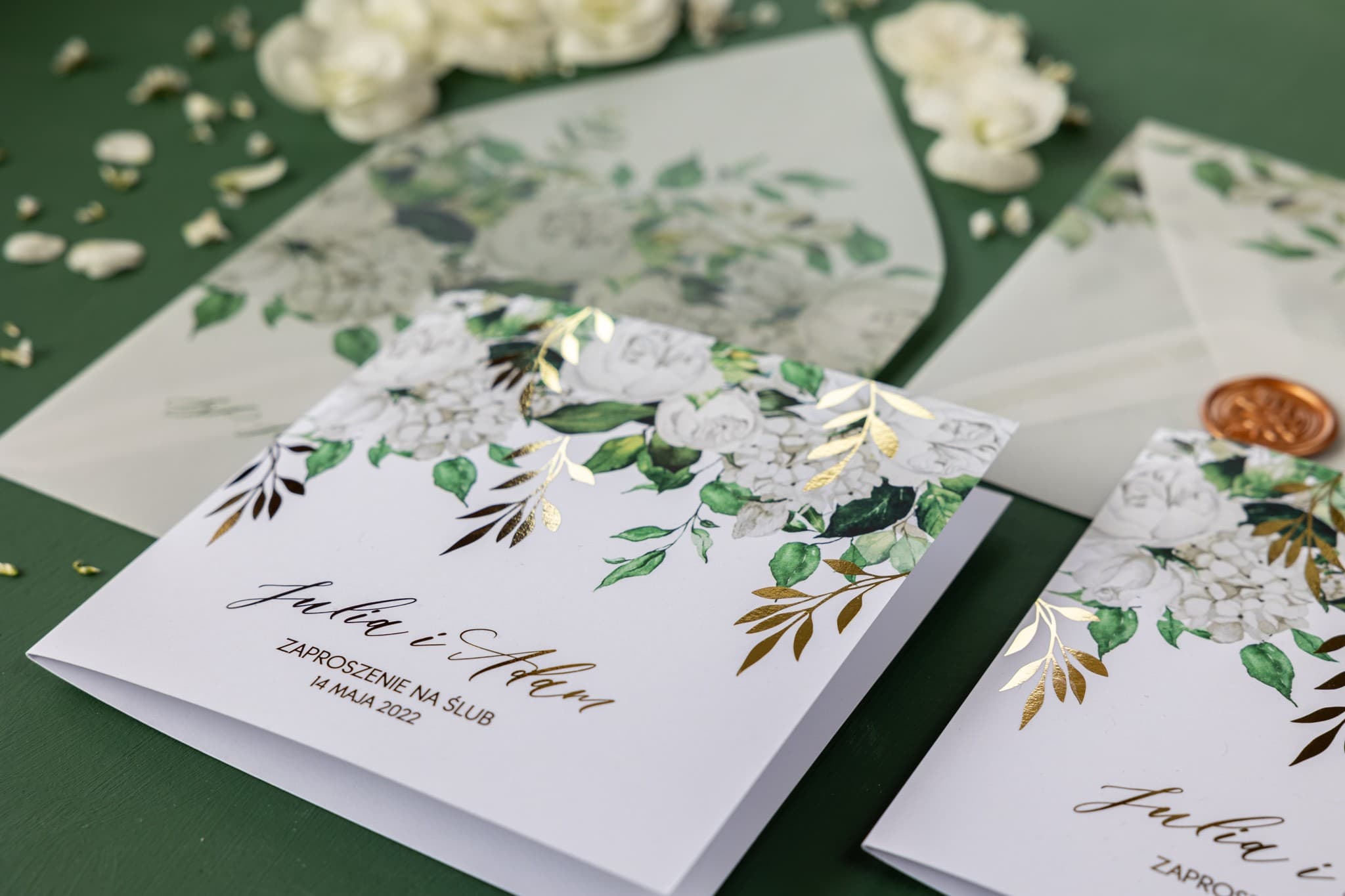 Rubin No. 11 Wedding Invitation Sample with Peonies and Gilded Branches