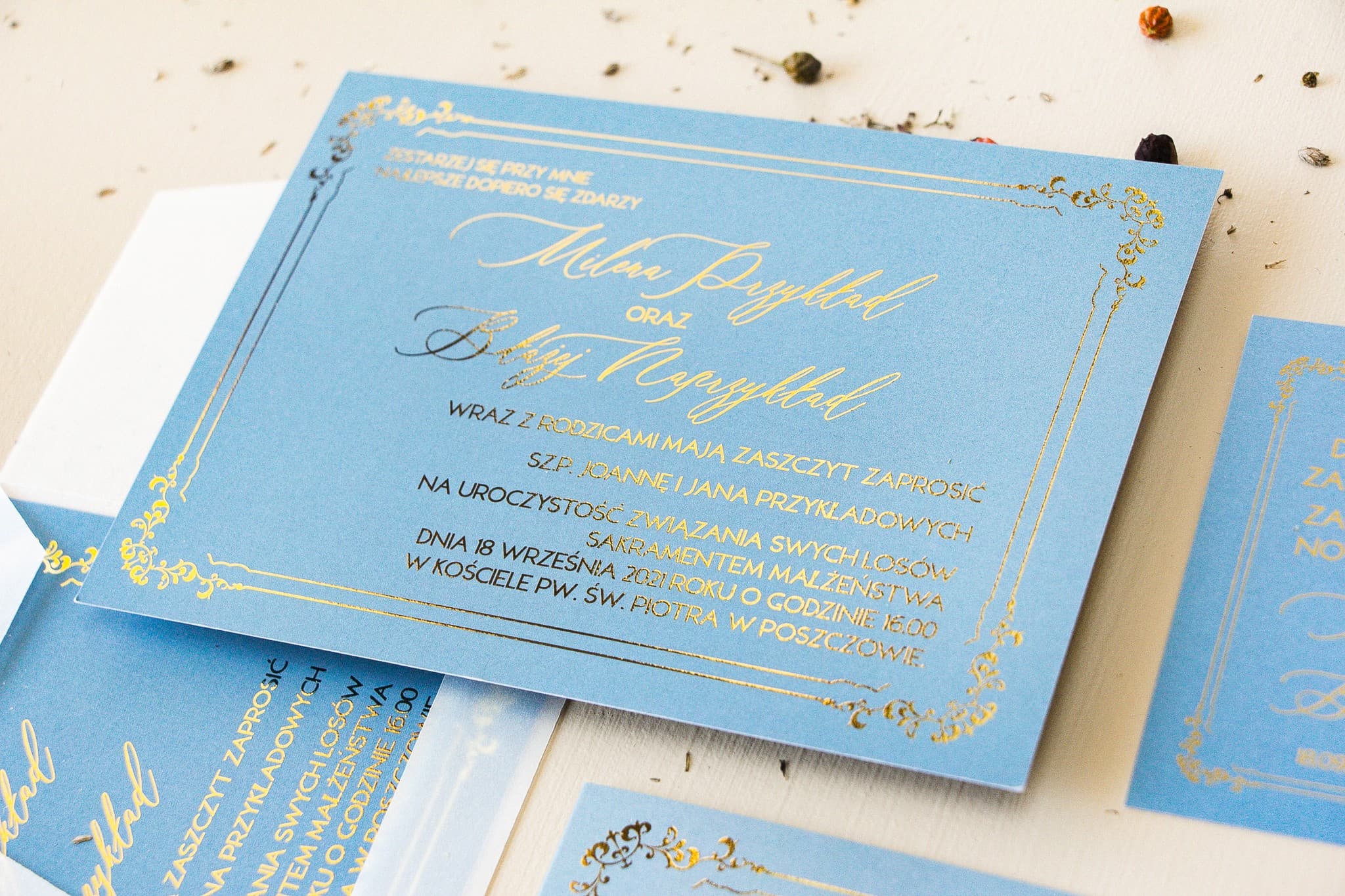 Dusty Blue Wedding Invitation Sample with Gold Foiling | Sand No. 1