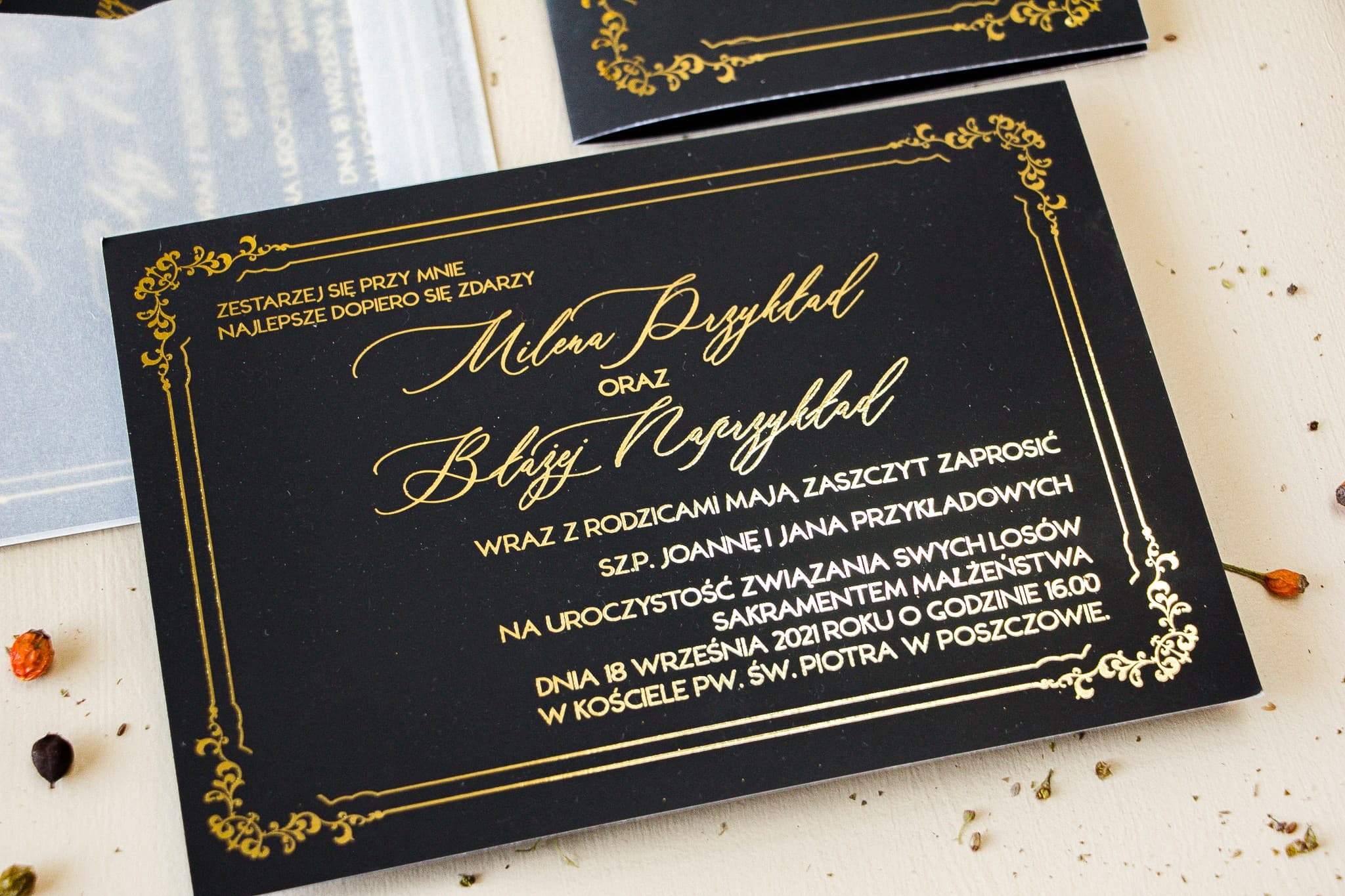 Elegant Black Wedding Invitation Sample with Gold Foiling | Sand No. 2