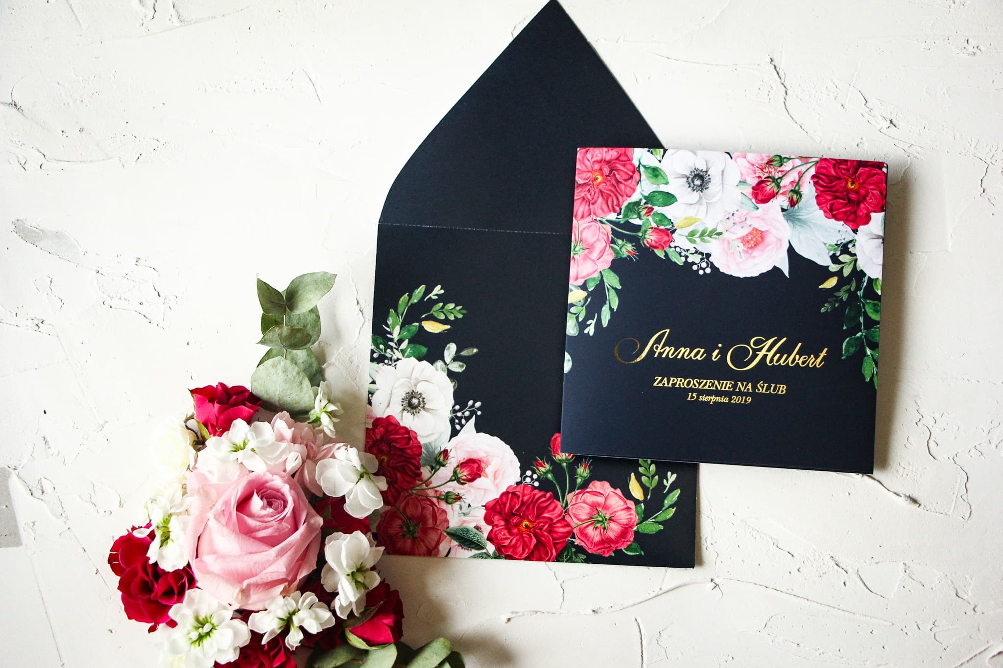 Navy Blue Gilded Peonies Wedding Invitation Sample | Szafirowe No. 4