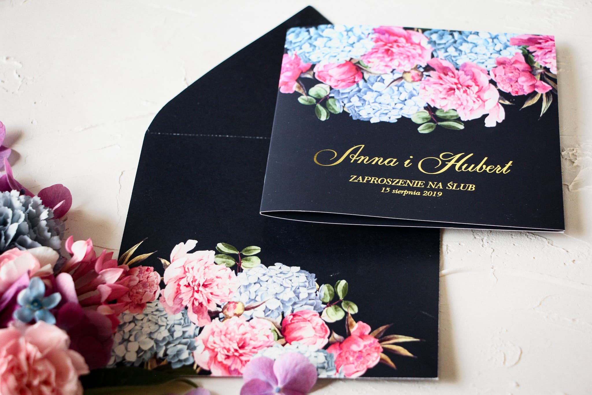 Navy and Gold Peonies Wedding Invitation Sample | Szafirowe No. 5