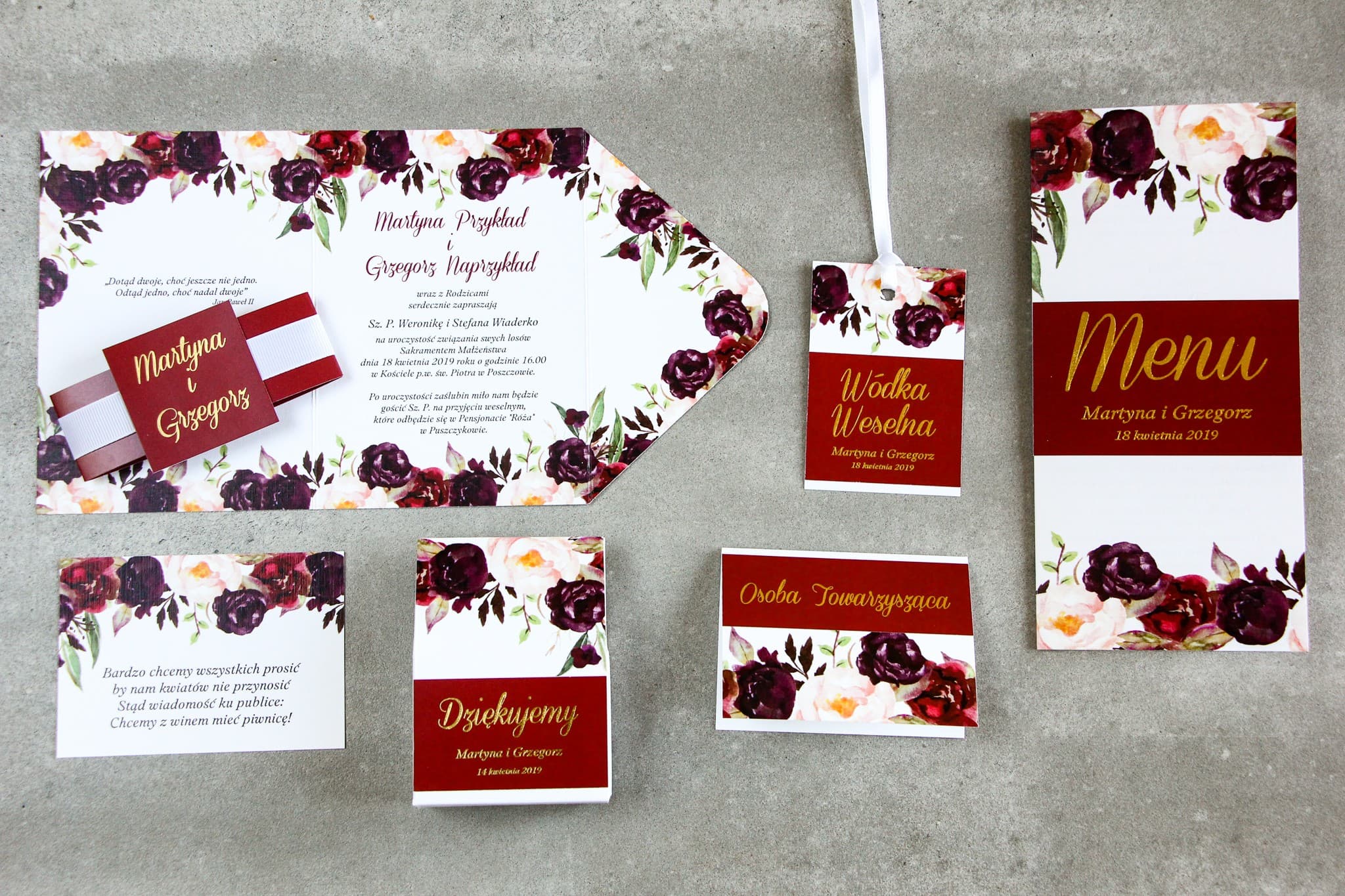 Burgundy Roses Gold Foil Wedding Invitation Samples | Stationery Sample Set | Lotaro No. 3