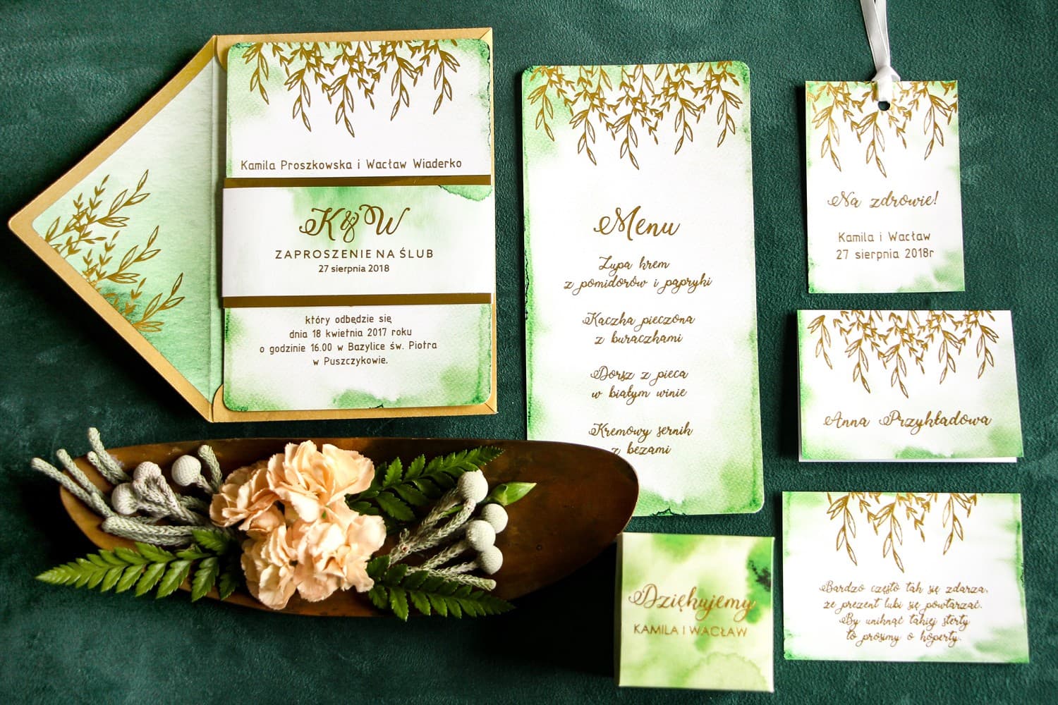 Wedding Invitation Samples Green Leaves Gold Wrap | Stationery Sample Set | Kamira No. 2
