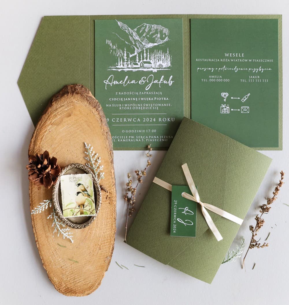 Avril No. 5 Wedding Invitations – Bottle Green Boho Glamour