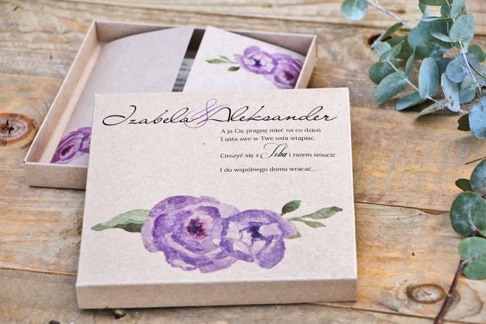 Wedding Invitations with Watercolor Purple Roses in Eco Box – Margaret No. 4