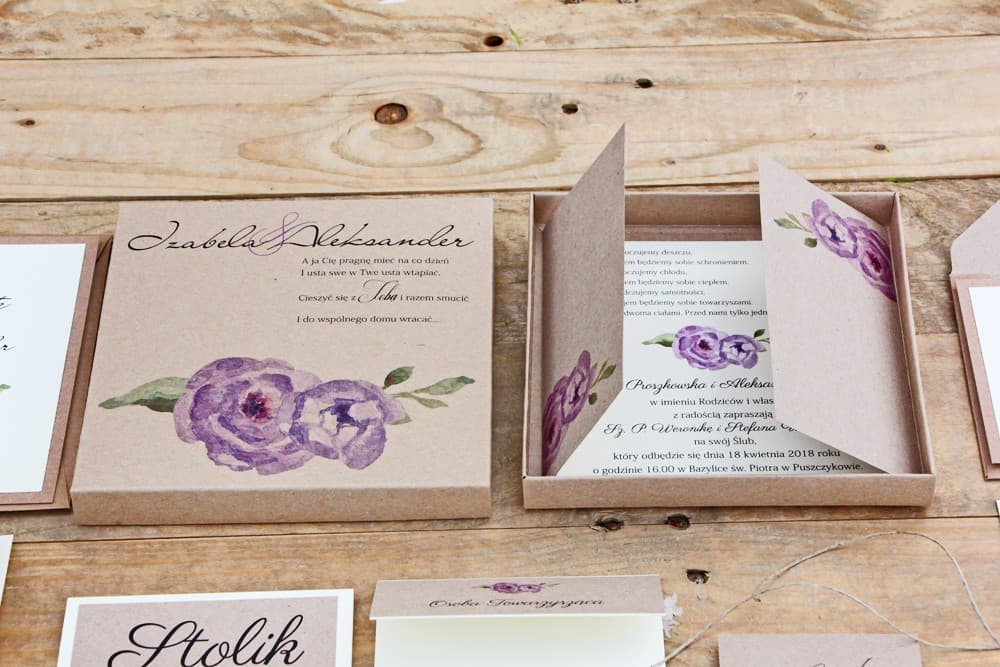Wedding Invitations with Watercolor Purple Roses in Eco Box – Margaret No. 4 - 3