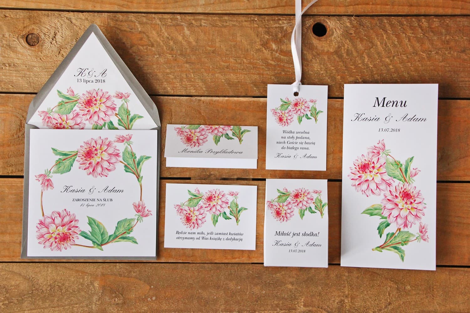 Pink Dahlia Wedding Invitations in Elegant Grey Envelope – Kalia No. 4 - 2