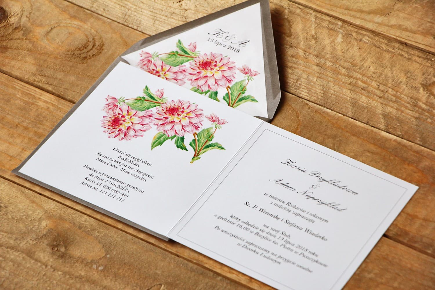 Pink Dahlia Wedding Invitations in Elegant Grey Envelope – Kalia No. 4 - 3