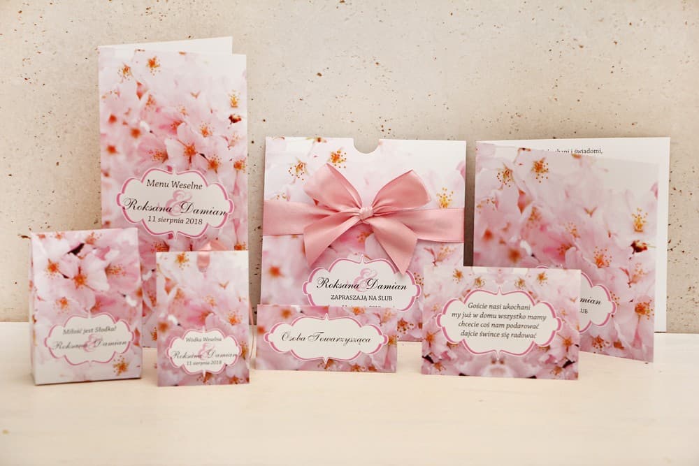 Romantic Cherry Blossom Wedding Invitations in a Sleeve with Ribbon – Felicja No. 13